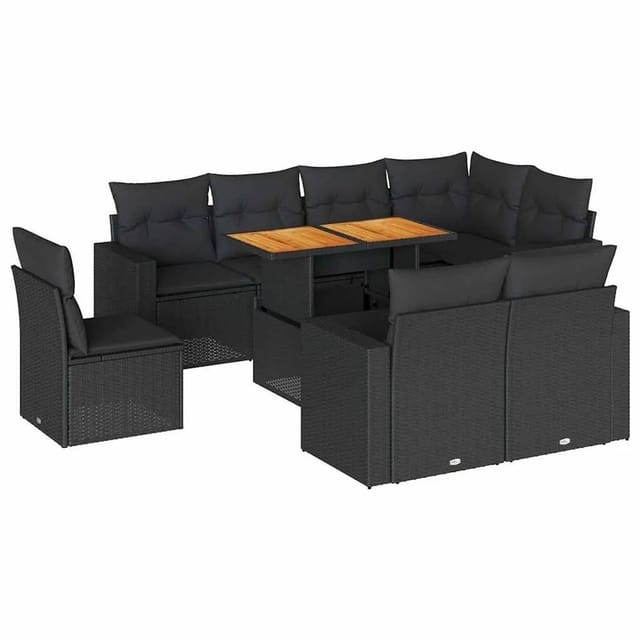 vidaXL 9-Tlg Garten-Sofagarnitur mit Kissen Schwarz Poly Rattan 3327051