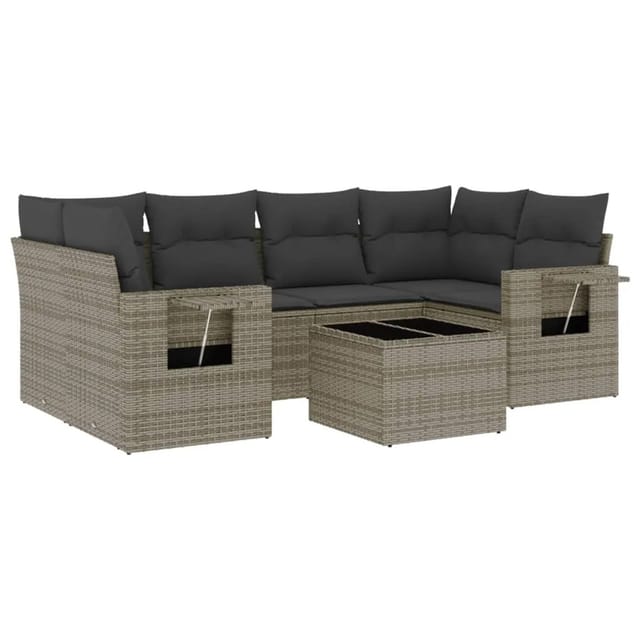 vidaXL 7-Tlg Garten-Sofagarnitur mit Kissen Grau Poly Rattan 3252257