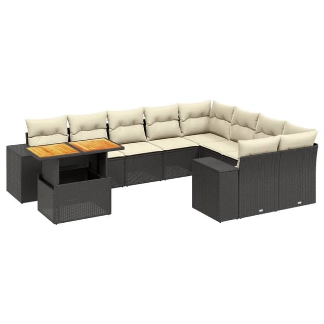 vidaXL 10-Tlg Garten-Sofagarnitur mit Kissen Schwarz Poly Rattan 3272799