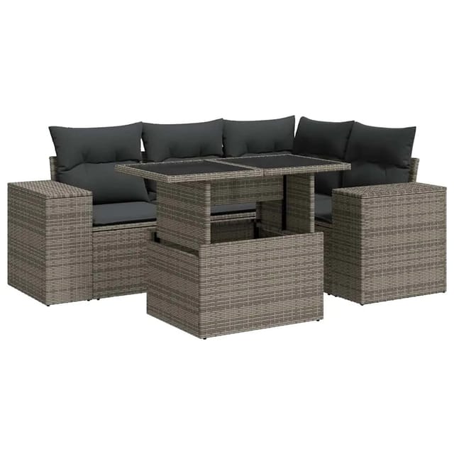 vidaXL 5-Tlg Garten-Sofagarnitur mit Kissen Grau Poly Rattan 3326791