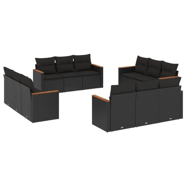 vidaXL 12-Tlg Garten-Sofagarnitur mit Kissen Schwarz Poly Rattan 3225831