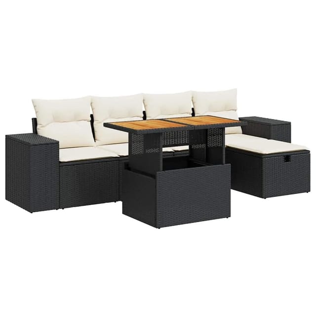 vidaXL 6-Tlg Garten-Sofagarnitur mit Kissen Schwarz Poly Rattan 3328078