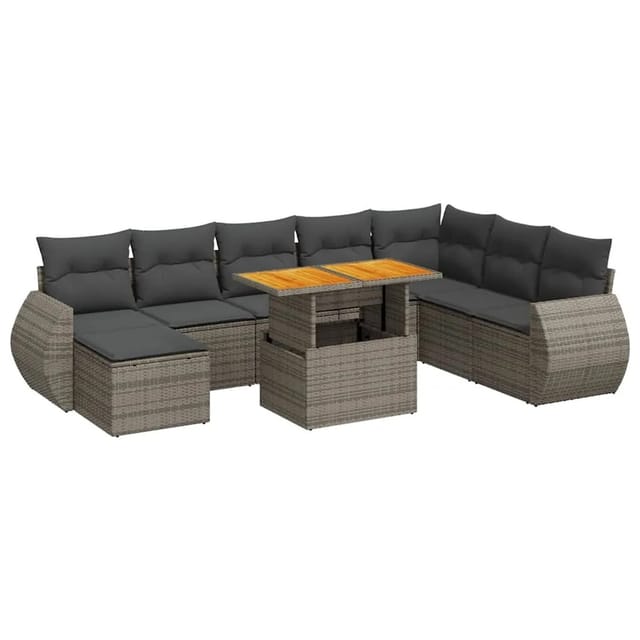 vidaXL 9-Tlg Garten-Sofagarnitur mit Kissen Grau Poly Rattan 3327301