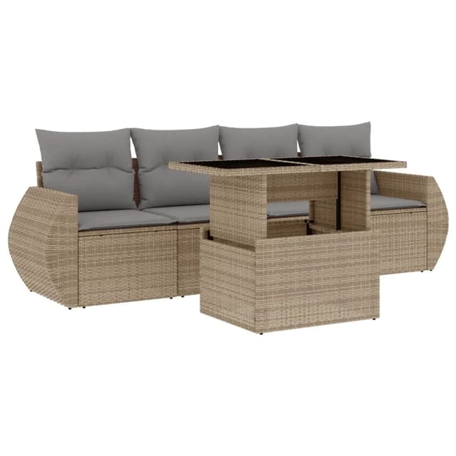 vidaXL 5-Tlg Garten-Sofagarnitur mit Kissen Beige Poly Rattan 3268359