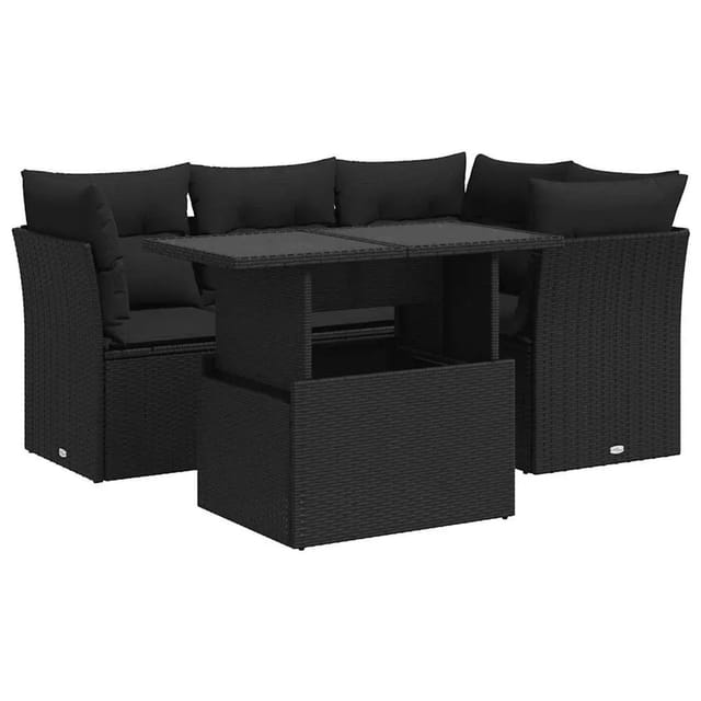 vidaXL 5-Tlg Garten-Sofagarnitur mit Kissen Schwarz Poly Rattan 3326146