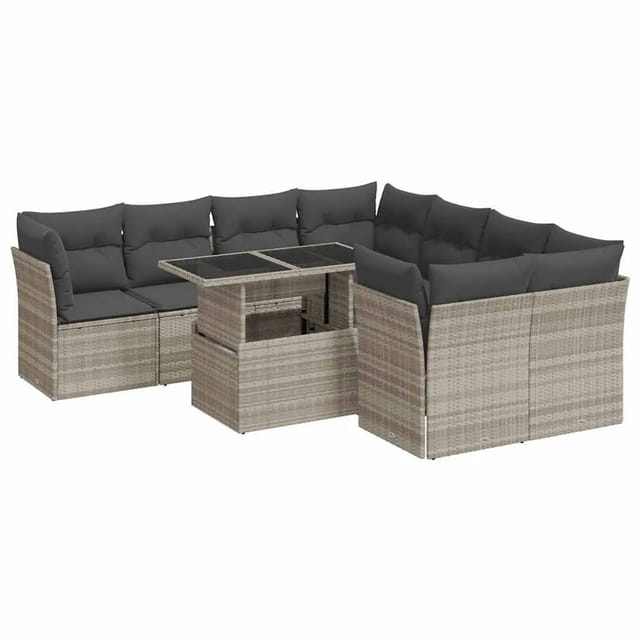 vidaXL 9-Tlg Garten-Sofagarnitur mit Kissen Hellgrau Poly Rattan 3326133