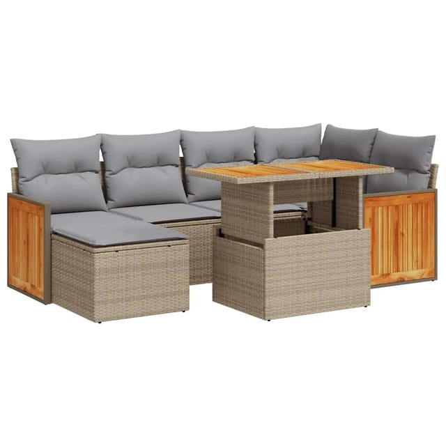 vidaXL 7-Tlg Garten-Sofagarnitur mit Kissen Beige Poly Rattan Akazie 3327734