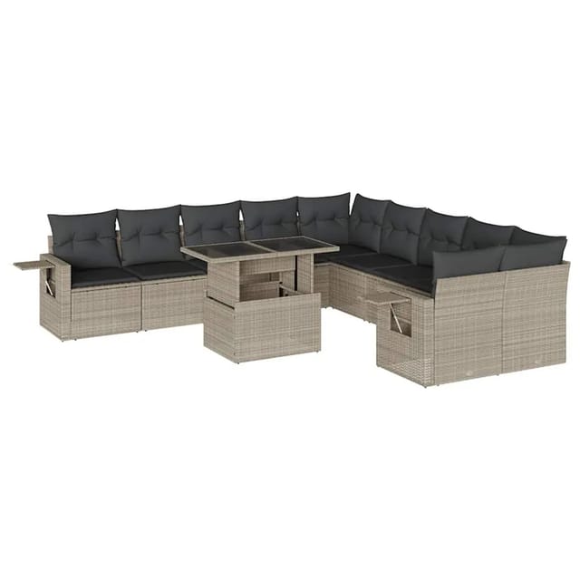 vidaXL 11-Tlg Garten-Sofagarnitur mit Kissen Hellgrau Poly Rattan 3268172