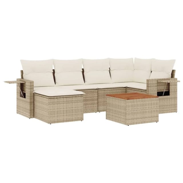 vidaXL 7-Tlg Garten-Sofagarnitur mit Kissen Beige Poly Rattan 3256996