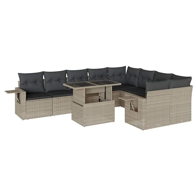 vidaXL 10-Tlg Garten-Sofagarnitur mit Kissen Hellgrau Poly Rattan 3268132