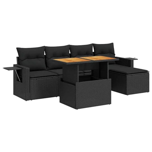 vidaXL 6-Tlg Garten-Sofagarnitur mit Kissen Schwarz Poly Rattan 3327135