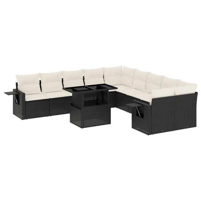 vidaXL 11-Tlg Garten-Sofagarnitur mit Kissen Schwarz Poly Rattan 3268166