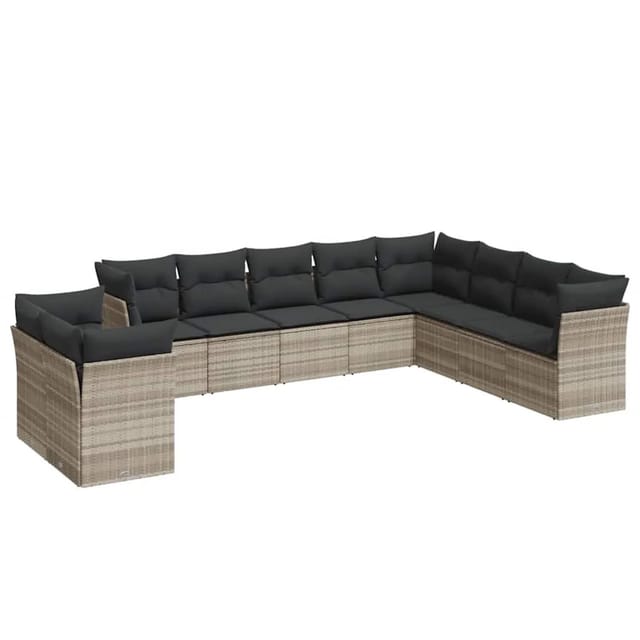 vidaXL 10-Tlg Garten-Sofagarnitur mit Kissen Hellgrau Poly Rattan 3217862