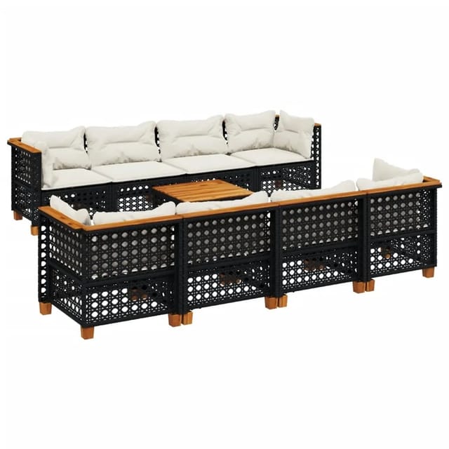 vidaXL 9-Tlg Garten-Sofagarnitur mit Kissen Schwarz Poly Rattan 3261770