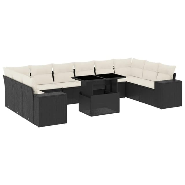 vidaXL 11-Tlg Garten-Sofagarnitur mit Kissen Schwarz Poly Rattan 3269406