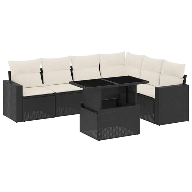 vidaXL 7-Tlg Garten-Sofagarnitur mit Kissen Schwarz Poly Rattan 3267296