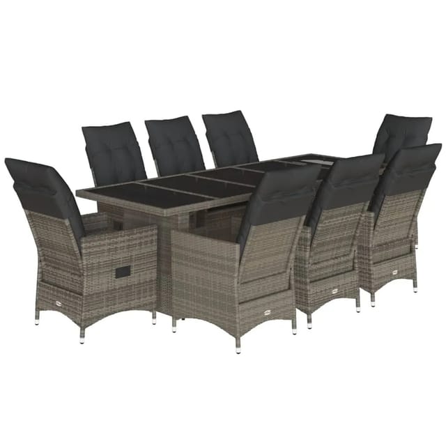 vidaXL 9-Tlg Garten-Bistro-Set mit Kissen Grau Poly Rattan 3277240