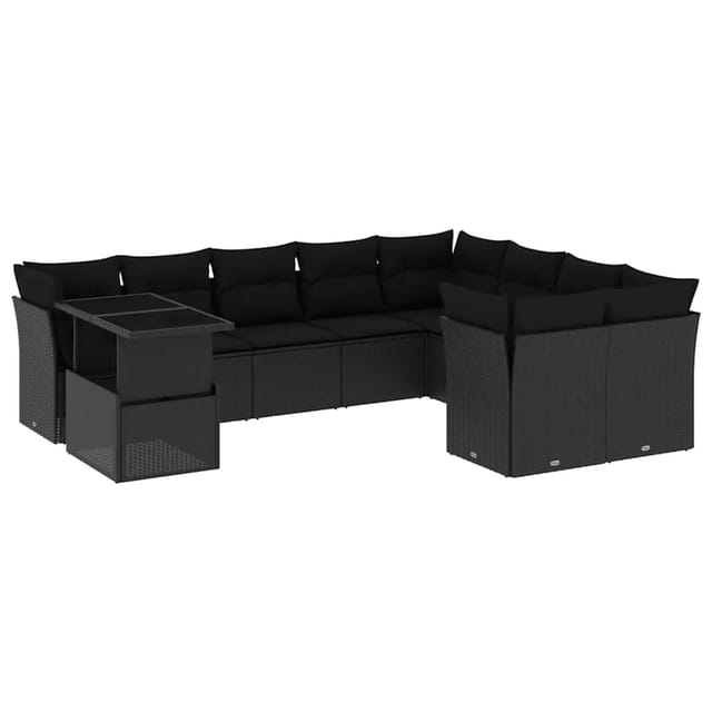vidaXL 10-Tlg Garten-Sofagarnitur mit Kissen Schwarz Poly Rattan 3266845