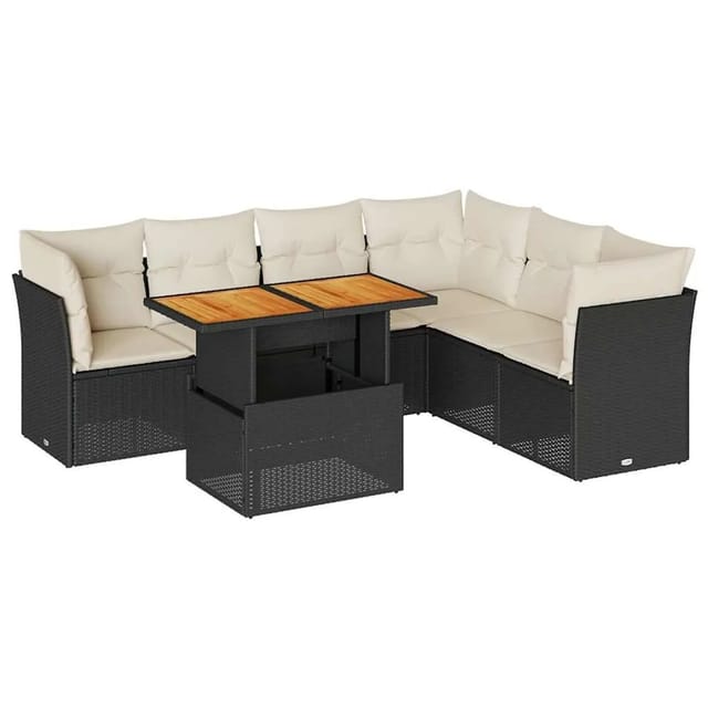 vidaXL 7-Tlg Garten-Sofagarnitur mit Kissen Schwarz Poly Rattan 3326933