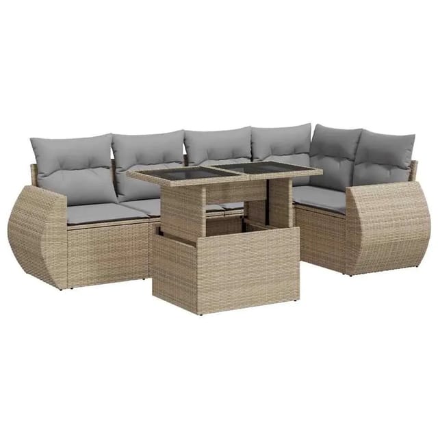 vidaXL 6-Tlg Garten-Sofagarnitur mit Kissen Beige Poly Rattan 3326640
