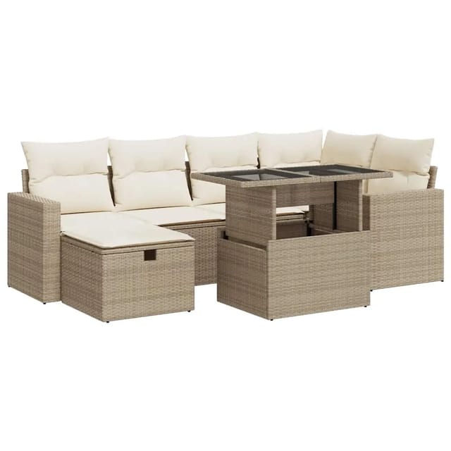 vidaXL 7-Tlg Garten-Sofagarnitur mit Kissen Beige Poly Rattan 3327818