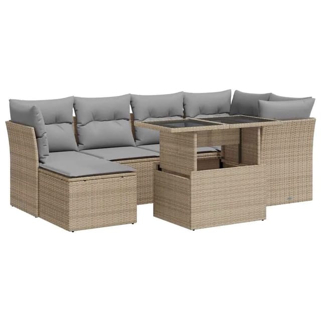 vidaXL 7-Tlg Garten-Sofagarnitur mit Kissen Beige Poly Rattan 3326190