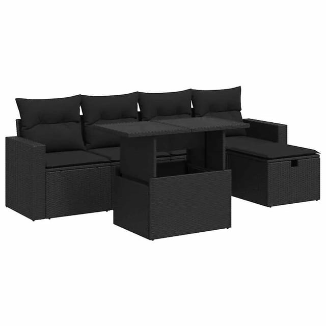 vidaXL 6-Tlg Garten-Sofagarnitur mit Kissen Schwarz Poly Rattan 3327805