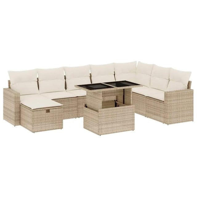 vidaXL 9-Tlg Garten-Sofagarnitur mit Kissen Beige Poly Rattan 3274868