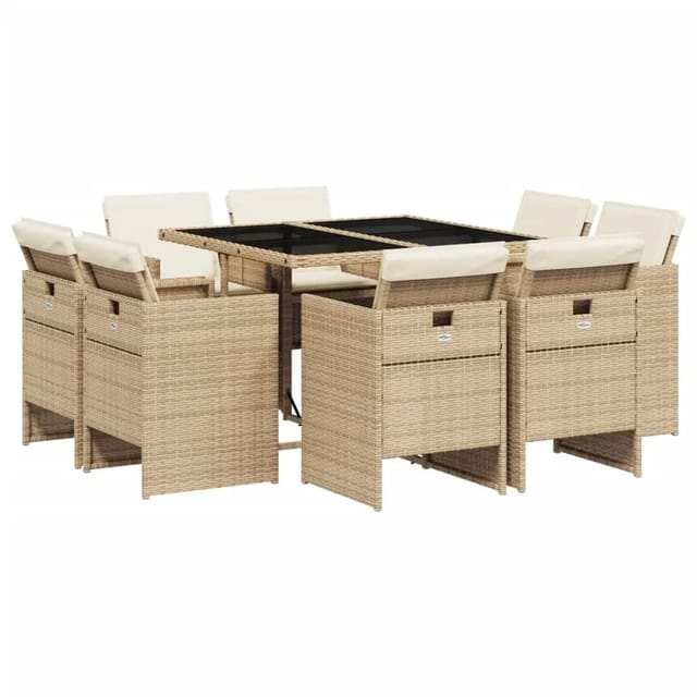 vidaXL 9-Tlg Garten-Essgruppe mit Kissen Beige Poly Rattan 3277785