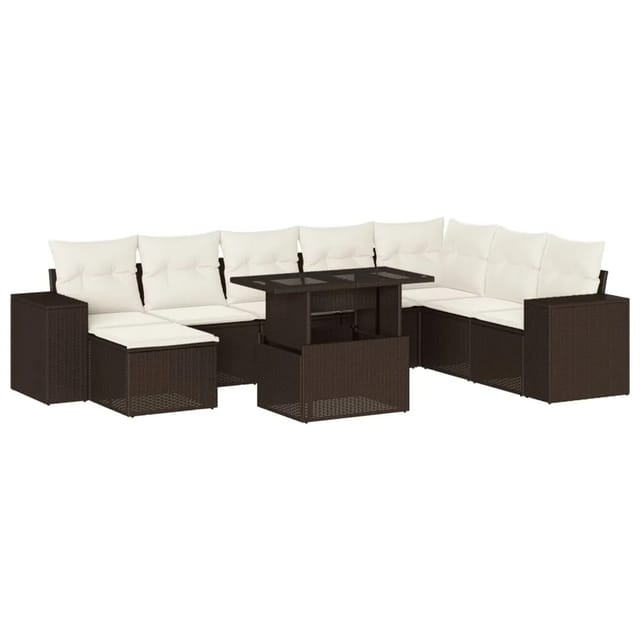 vidaXL 9-Tlg Garten-Sofagarnitur mit Kissen Braun Poly Rattan 3269363