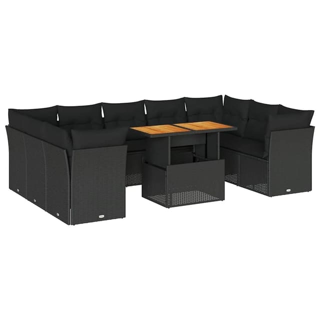 vidaXL 10-Tlg Garten-Sofagarnitur mit Kissen Schwarz Poly Rattan 3326967