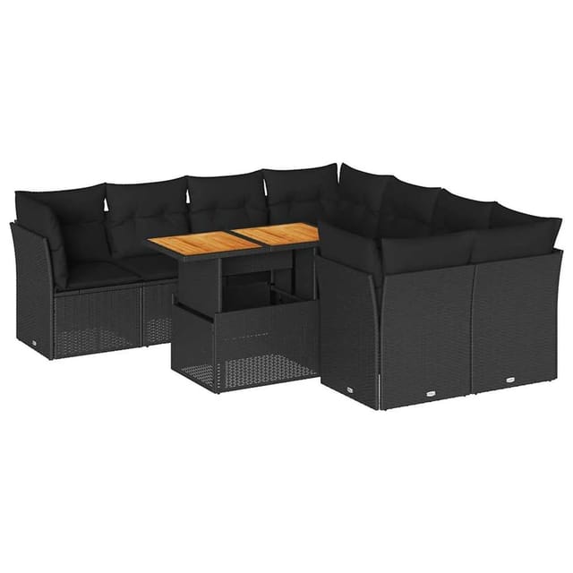 vidaXL 9-Tlg Garten-Sofagarnitur mit Kissen Schwarz Poly Rattan 3326904