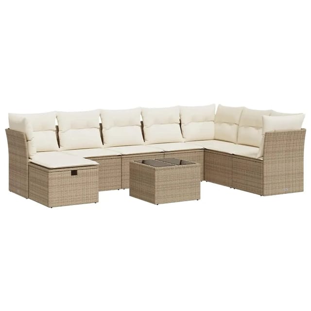 vidaXL 9-Tlg Garten-Sofagarnitur mit Kissen Beige Poly Rattan 3325344