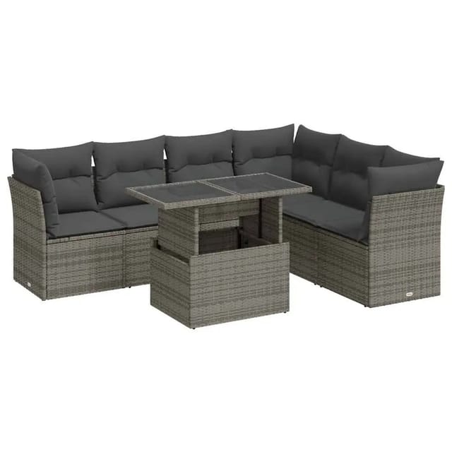 vidaXL 7-Tlg Garten-Sofagarnitur mit Kissen Grau Poly Rattan 3326171