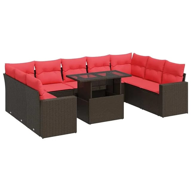 vidaXL 10-Tlg Garten-Sofagarnitur mit Kissen Braun Poly Rattan Akazie 3326385