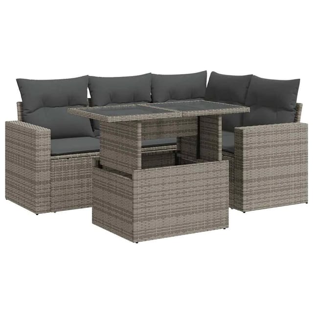 vidaXL 5-Tlg Garten-Sofagarnitur mit Kissen Grau Poly Rattan 3326311