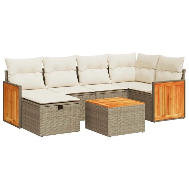vidaXL 7-Tlg Garten-Sofagarnitur mit Kissen Beige Poly Rattan 3326034