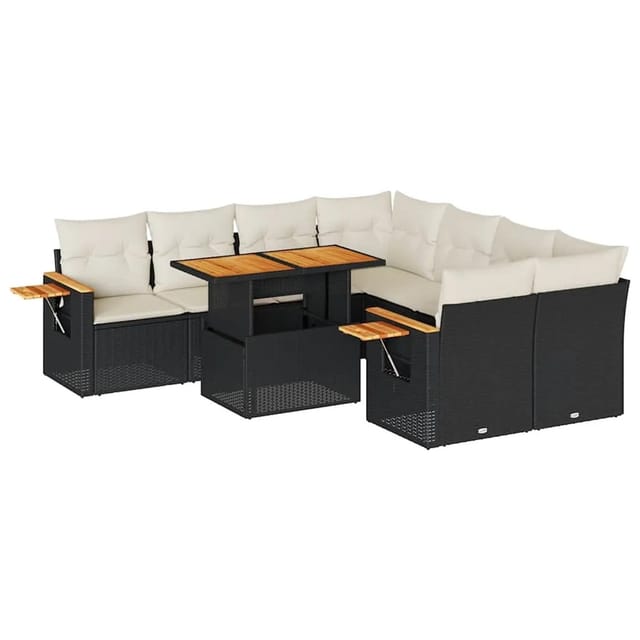 vidaXL 9-Tlg Garten-Sofagarnitur mit Kissen Schwarz Poly Rattan 3327577