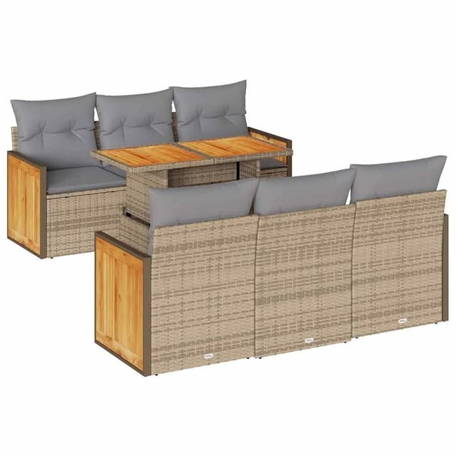vidaXL 7-Tlg Garten-Sofagarnitur mit Kissen Beige Poly Rattan Akazie 3327671