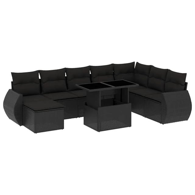 vidaXL 9-Tlg Garten-Sofagarnitur mit Kissen Schwarz Poly Rattan 3268725