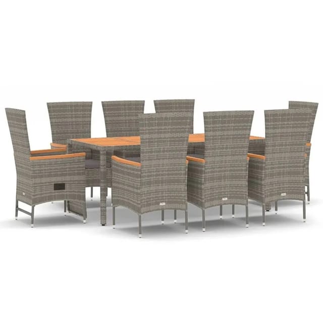 vidaXL 9-Tlg Garten-Essgruppe mit Kissen Grau Poly Rattan 3157545