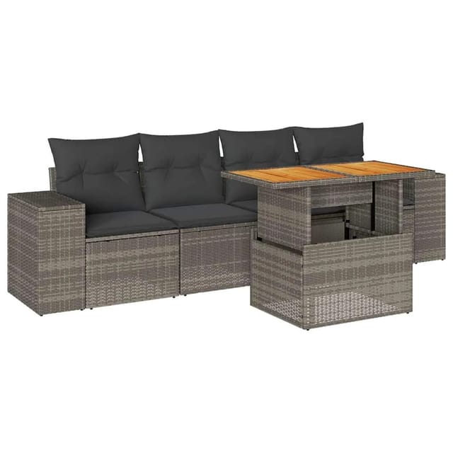 vidaXL 5-Tlg Garten-Sofagarnitur mit Kissen Grau Poly Rattan 3327322