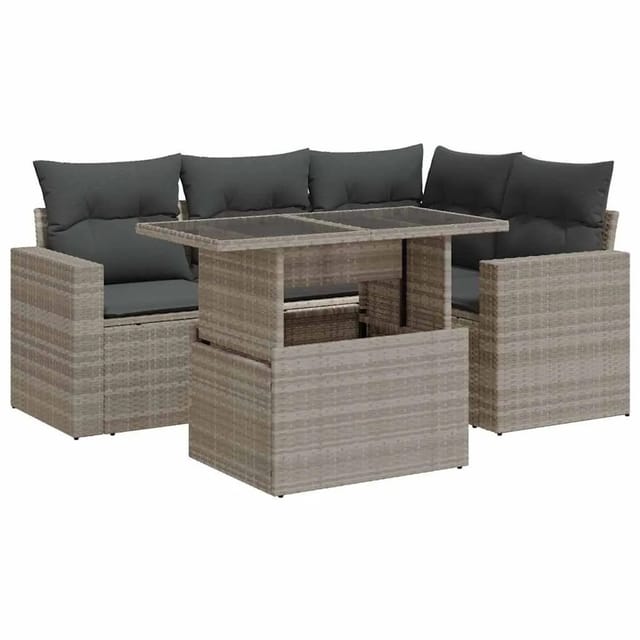 vidaXL 5-Tlg Garten-Sofagarnitur mit Kissen Hellgrau Poly Rattan 3326313
