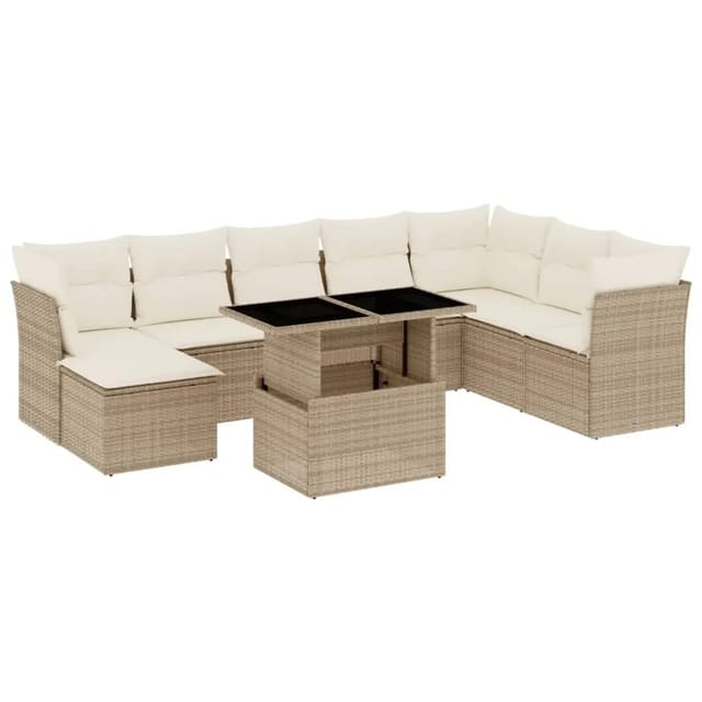 vidaXL 9-Tlg Garten-Sofagarnitur mit Kissen Beige Poly Rattan 3266788