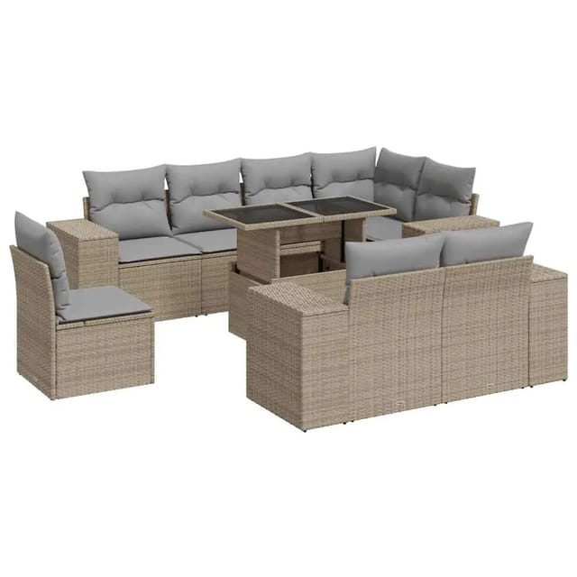 vidaXL 9-Tlg Garten-Sofagarnitur mit Kissen Beige Poly Rattan 3326820