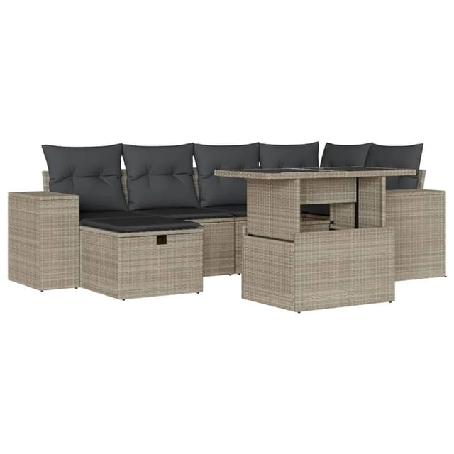 vidaXL 7-Tlg Garten-Sofagarnitur mit Kissen Hellgrau Poly Rattan 3275302
