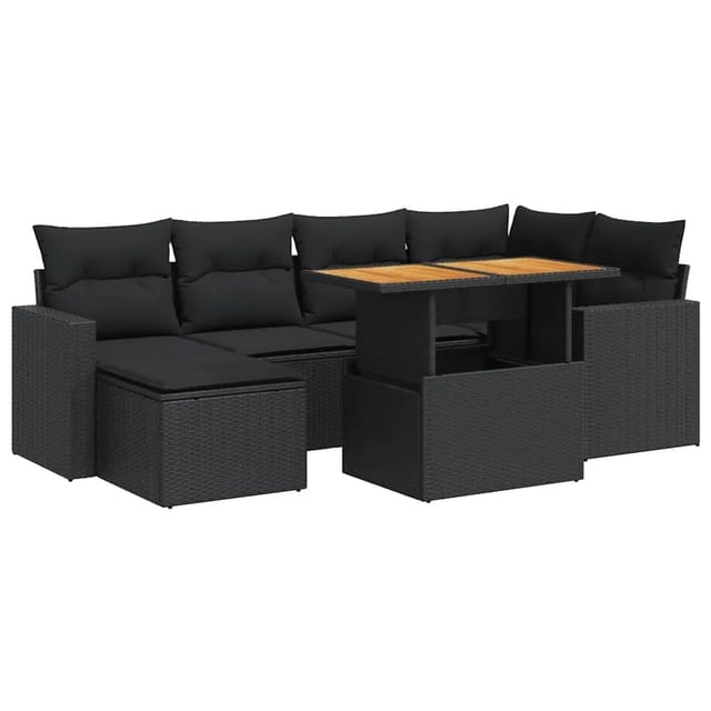 vidaXL 7-Tlg Garten-Sofagarnitur mit Kissen Schwarz Poly Rattan 3327058