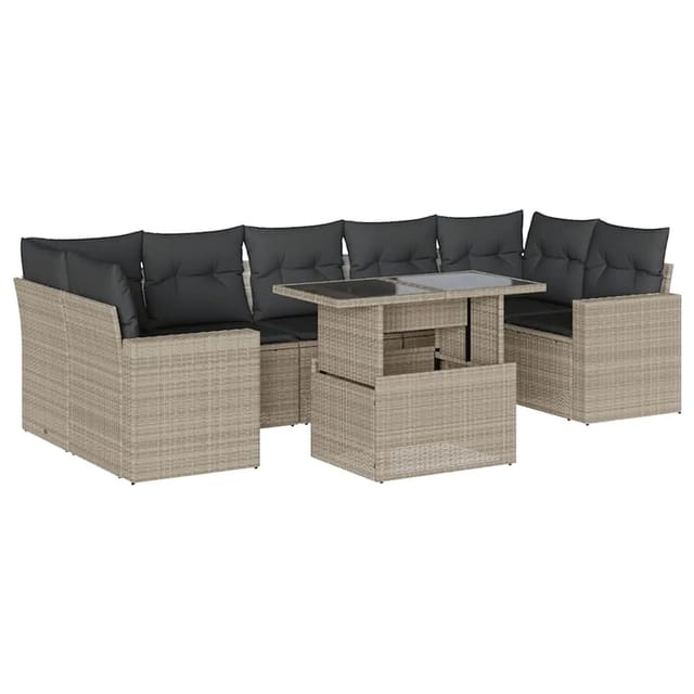 vidaXL 8-Tlg Garten-Sofagarnitur mit Kissen Hellgrau Poly Rattan 3267152