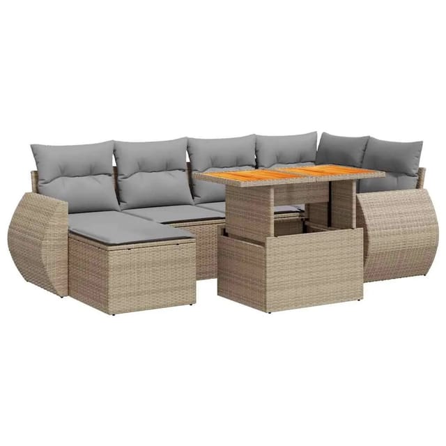vidaXL 7-Tlg Garten-Sofagarnitur mit Kissen Beige Poly Rattan 3327286