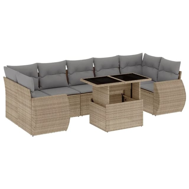 vidaXL 8-Tlg Garten-Sofagarnitur mit Kissen Beige Poly Rattan 3268409